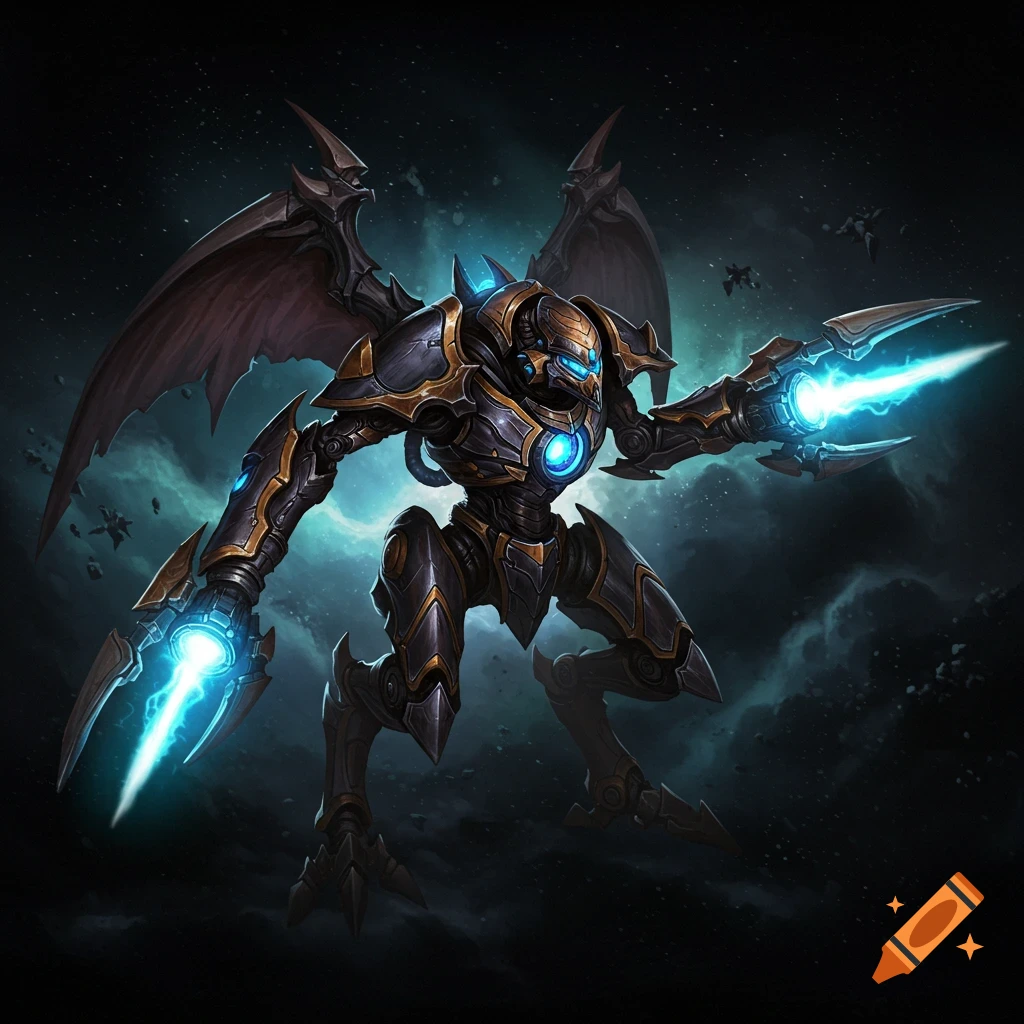 Starcraft Dragoon mech with large wings and energy claws floating in space.