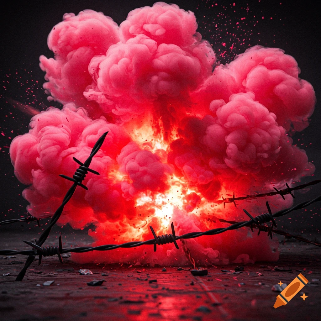 A large pink and red smoke bomb explosion with barbed wire in the foreground.
