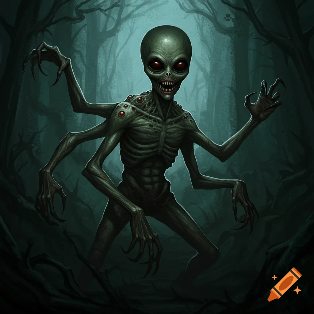 A creepy multi-limbed green alien creature stands in a dark, spooky forest.