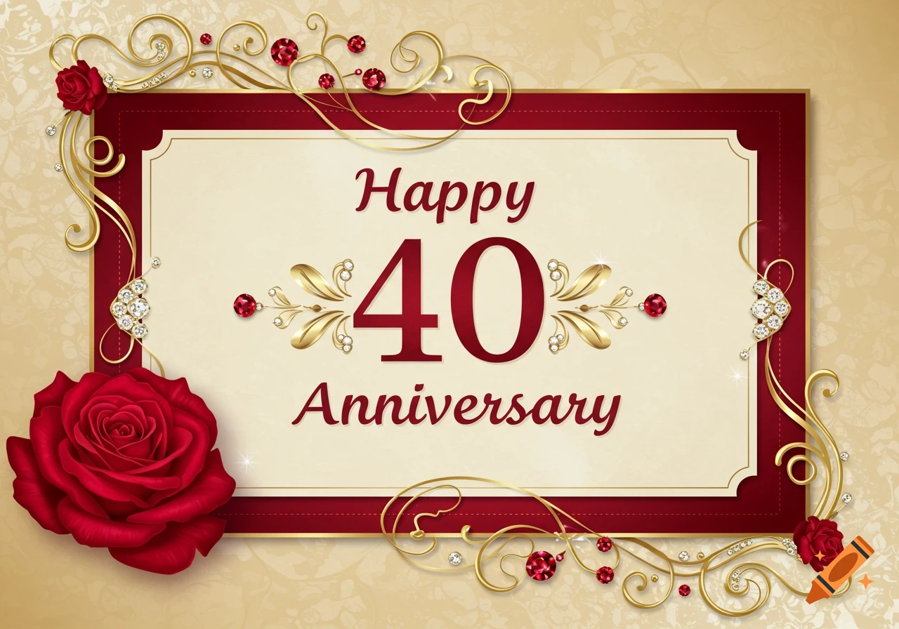 Happy 40th Anniversary card with red rose, gold vines, jewels, and text on a decorative background.
