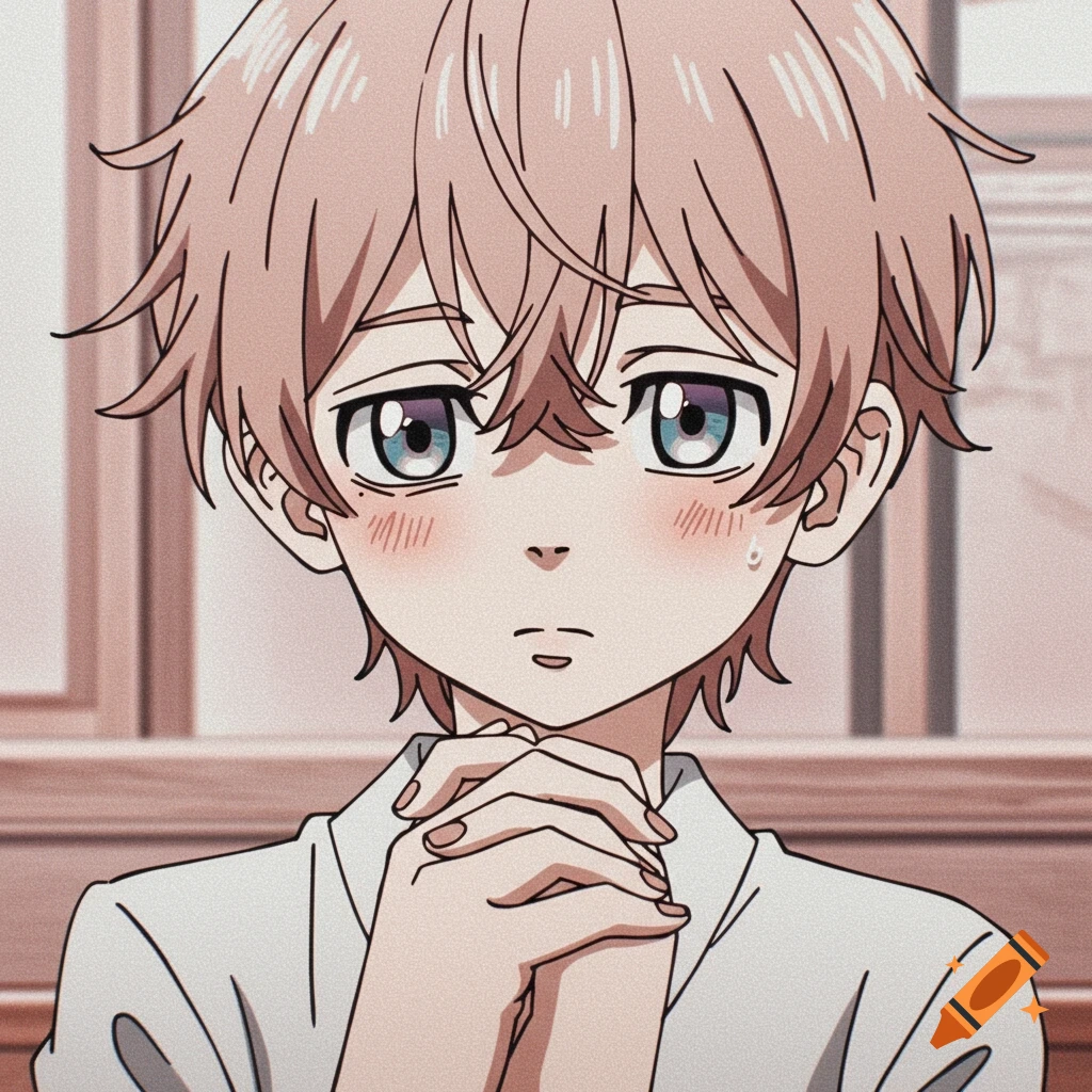 Anime portrait of a young person with pink hair, clasped hands, and a blush.