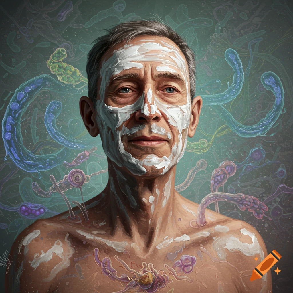 A man with white paste on his face and chest, surrounded by microscopic organisms
