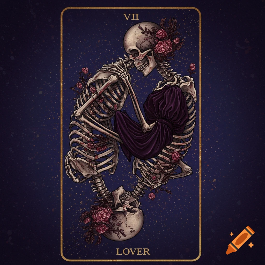 Tarot card with two skeletons, one upside down, kissing, adorned with flowers.