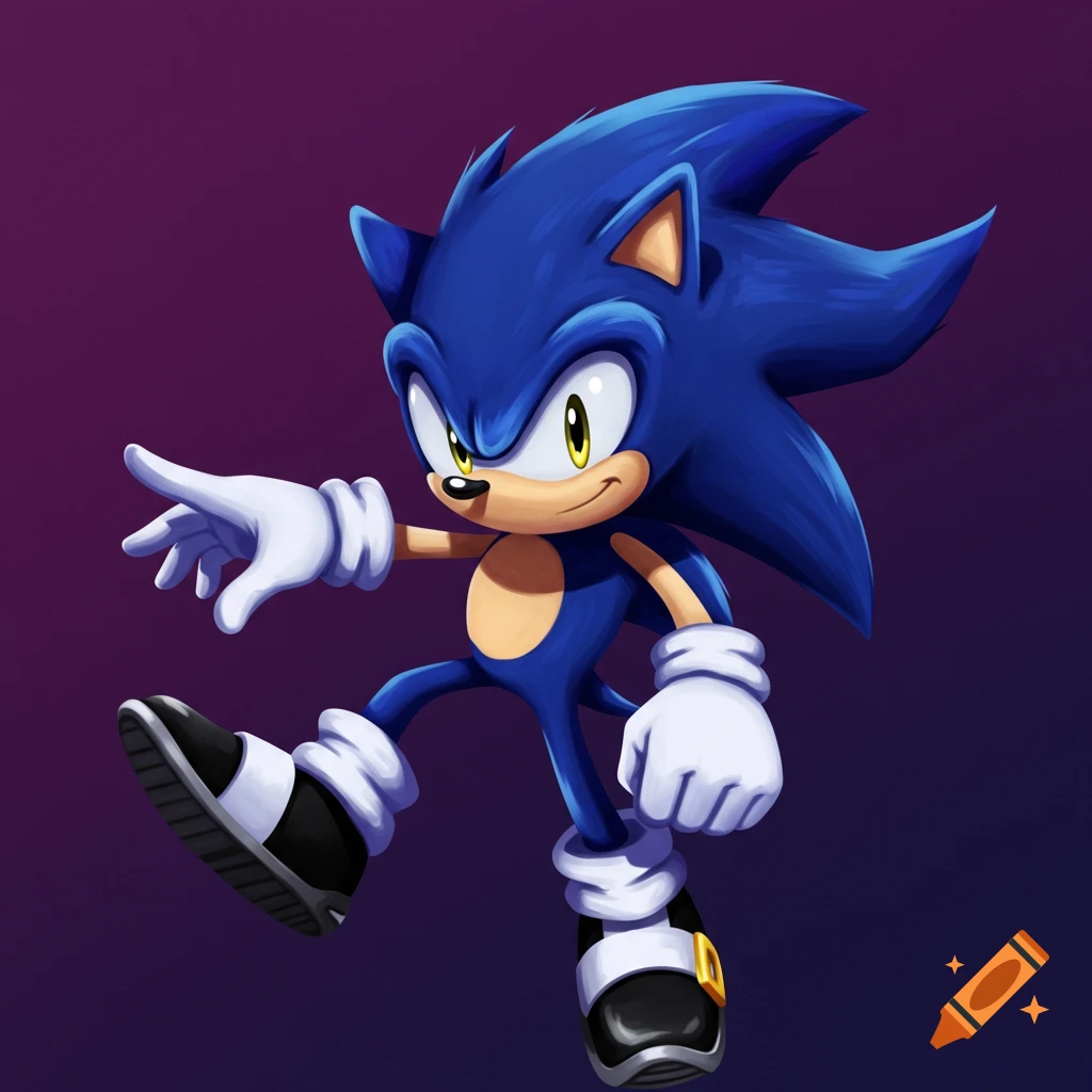 A blue cartoon hedgehog similar to Sonic is jumping and pointing.