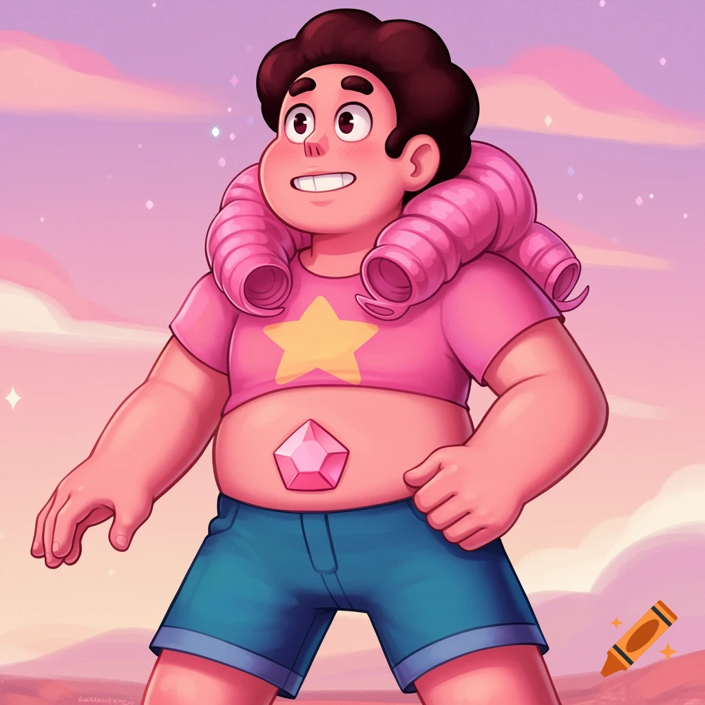 Steven Universe in a pink shirt and blue shorts, with a rose quartz gem on his stomach, standing against a pink and purple sky.