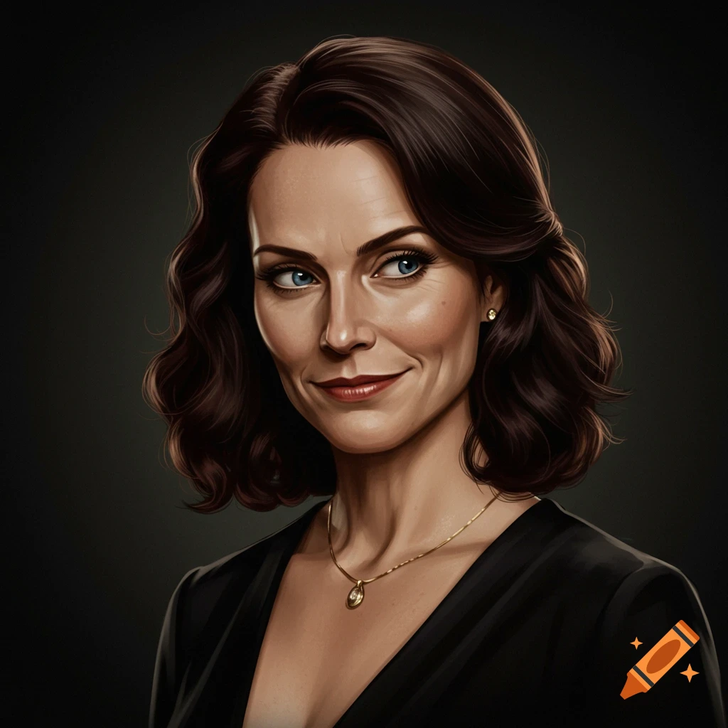Portrait of a woman with brown hair, blue eyes, wearing a black dress and necklace