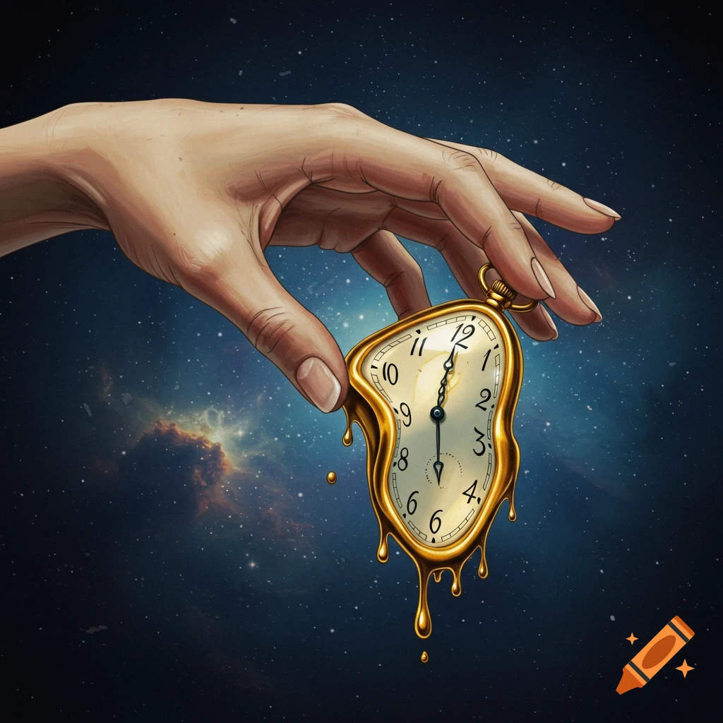 A hand holding a melting pocket watch against a starry sky.