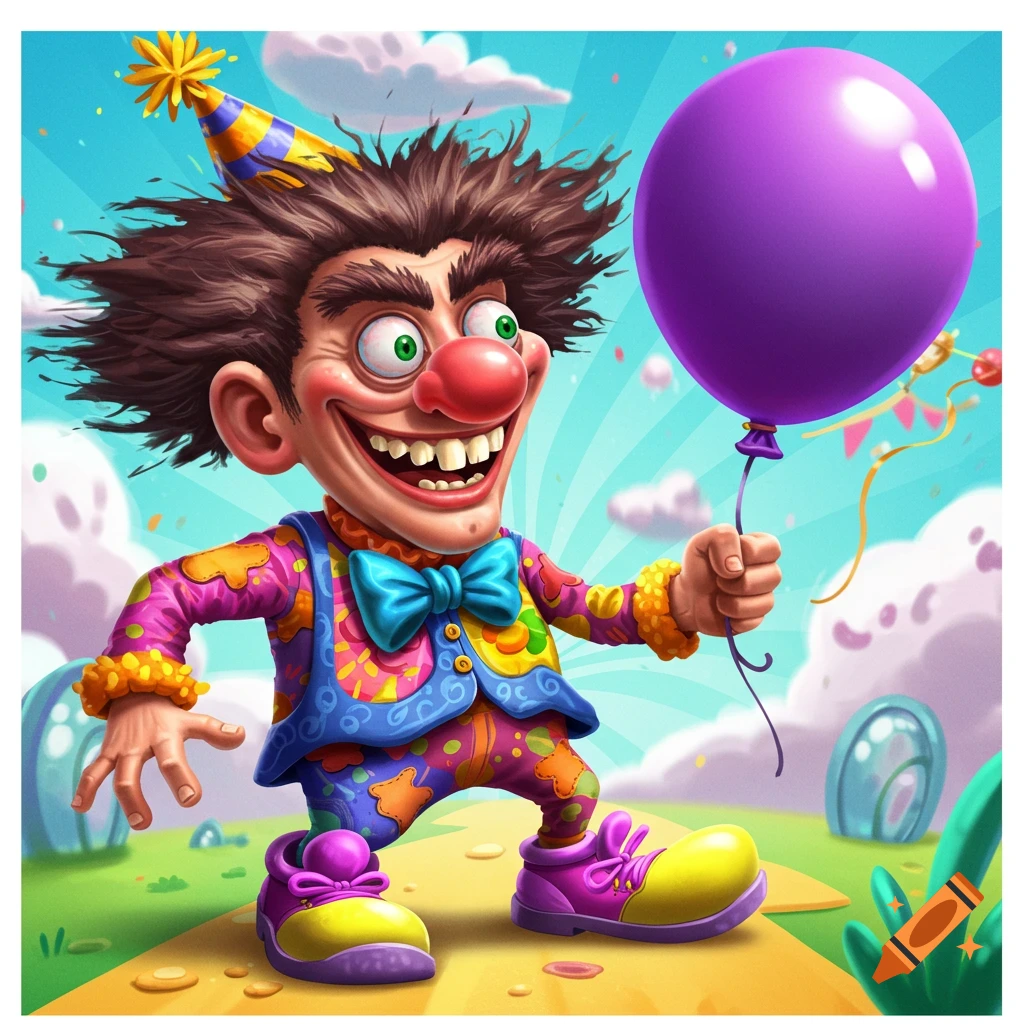 Cartoon clown in a colorful costume and party hat, holding a purple balloon at a party.