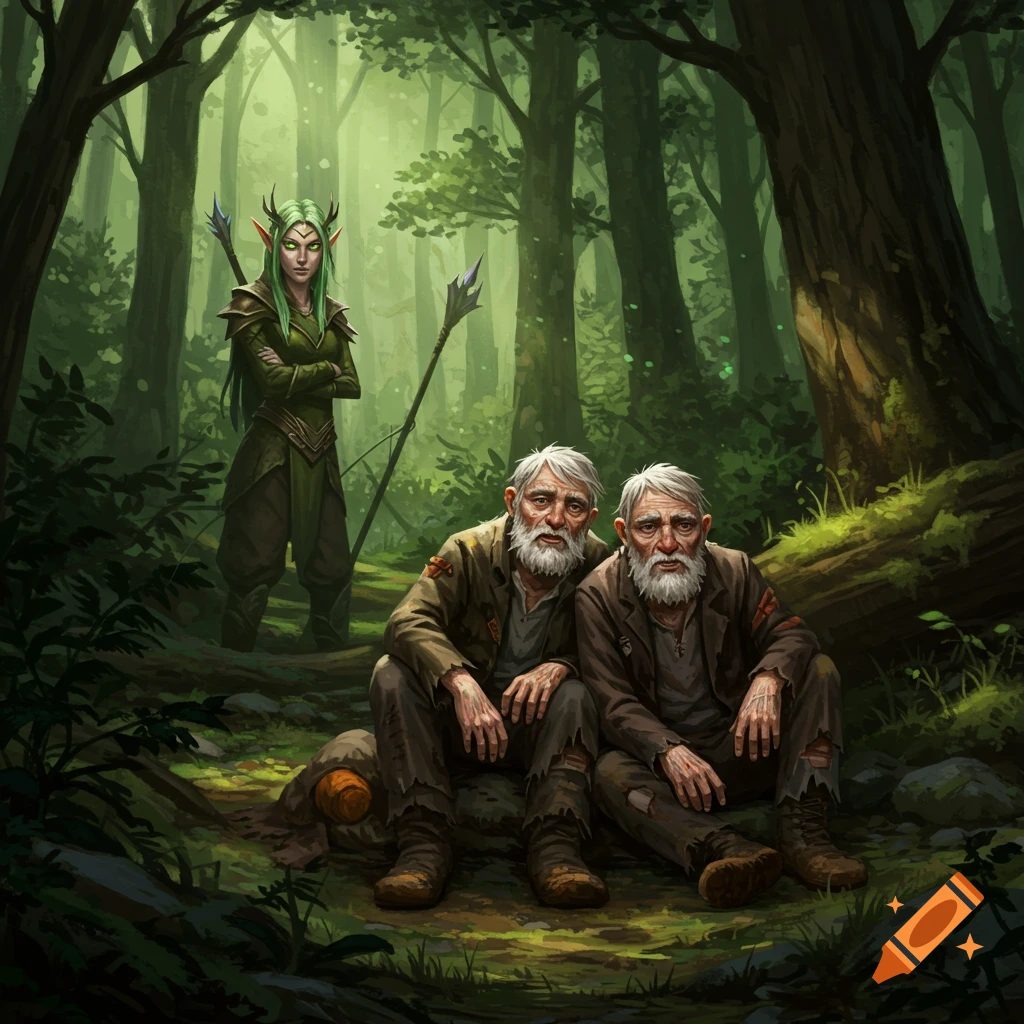 Two old men sitting in a forest clearing, watched by an elf woman.