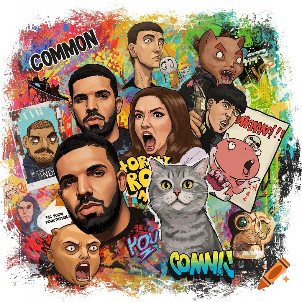 A chaotic digital collage featuring stylized portraits, cartoon characters, and various text elements on a vibrant, paint-splattered background.