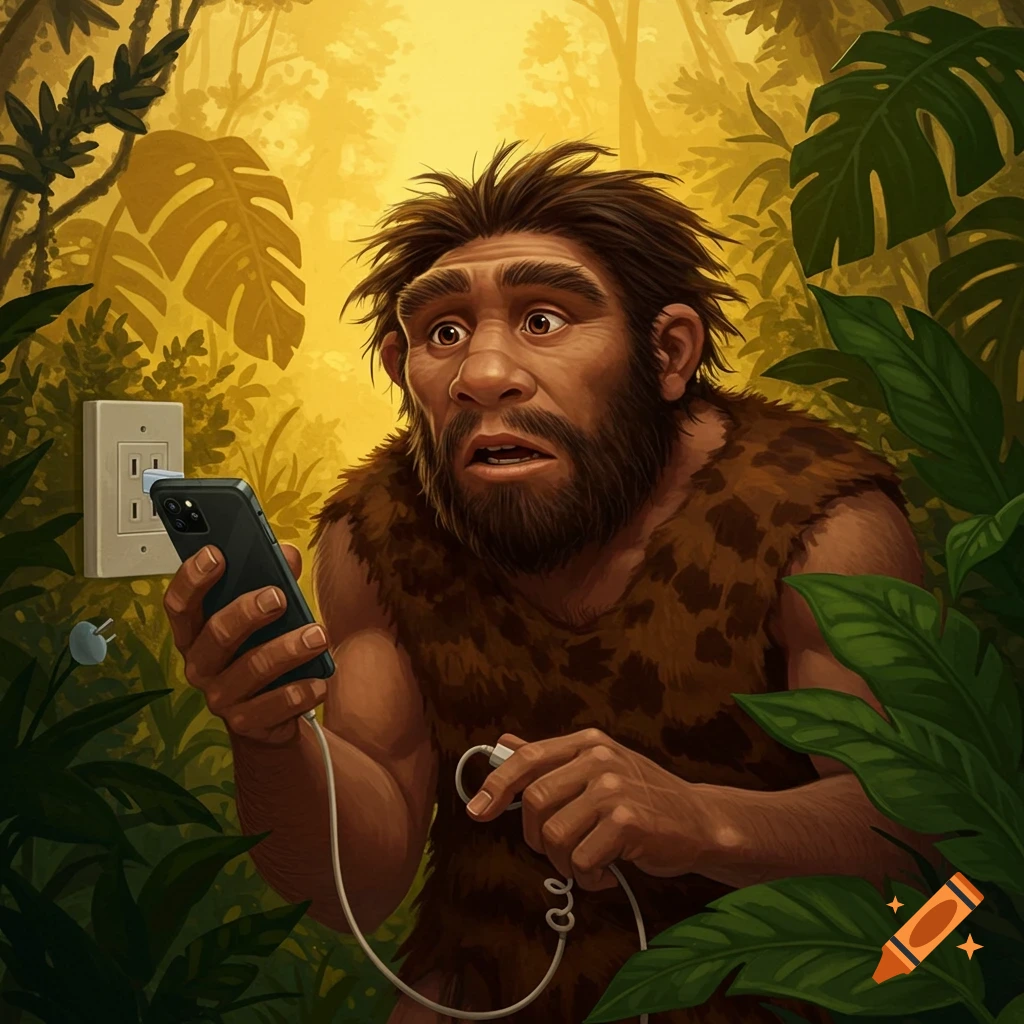 Surprised caveman in jungle trying to plug smartphone into a wall outlet.
