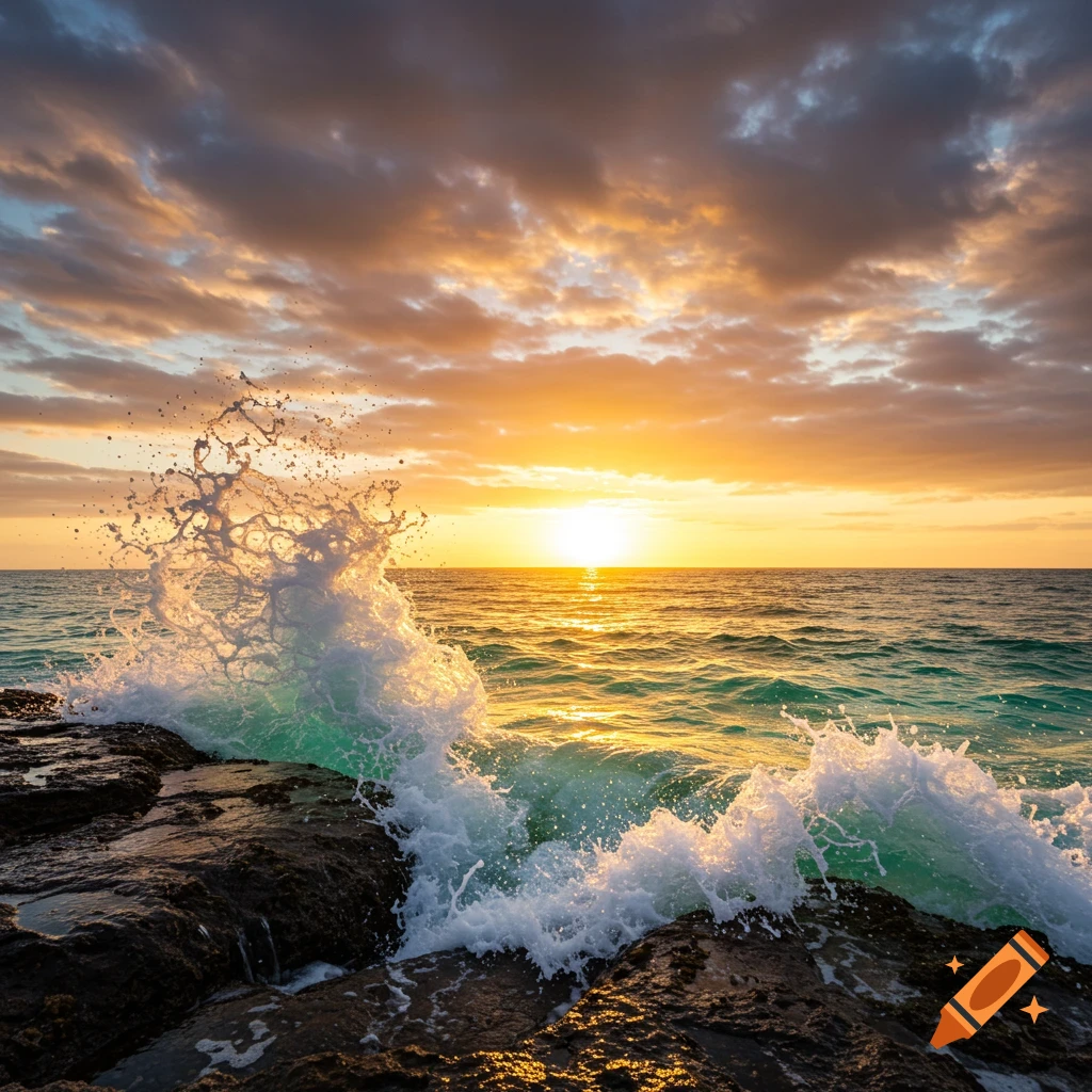 Large wave crashing on rocks at sunset