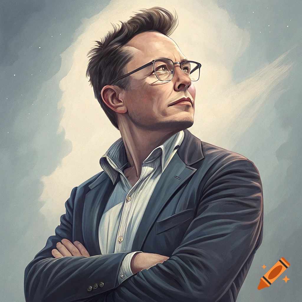 An illustration of Elon Musk in a suit, looking up with arms crossed.
