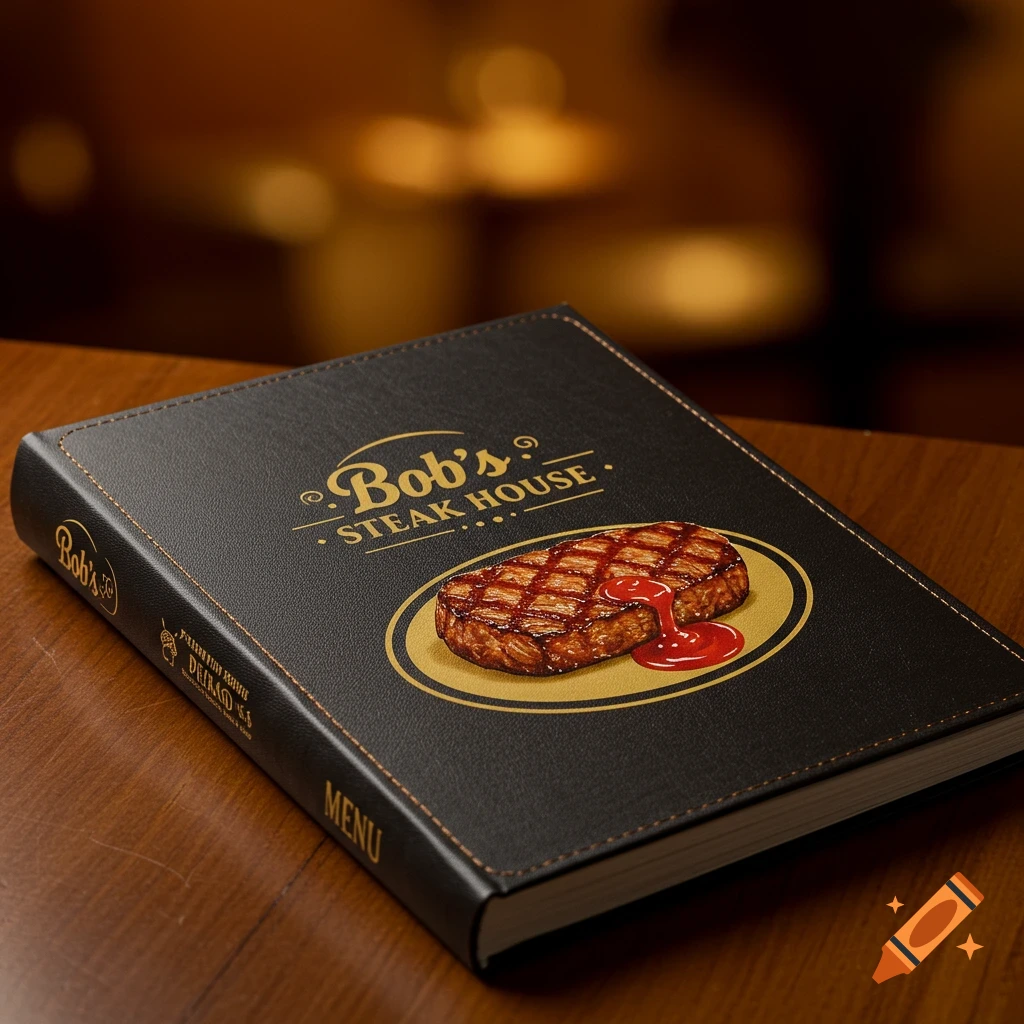 A black menu book cover for Bob's Steak House with a steak illustration.