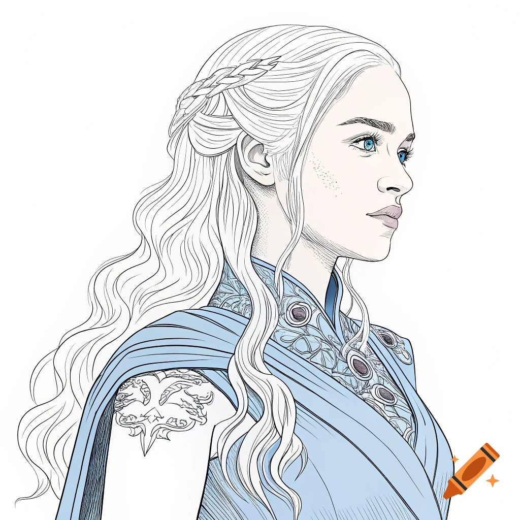 Outline drawing of a woman with long wavy hair in a fantasy dress.