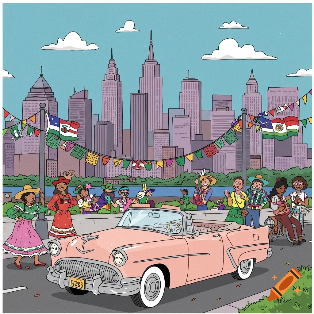 Colorful illustration of a Latin festival with a pink vintage car in front and a cityscape behind.