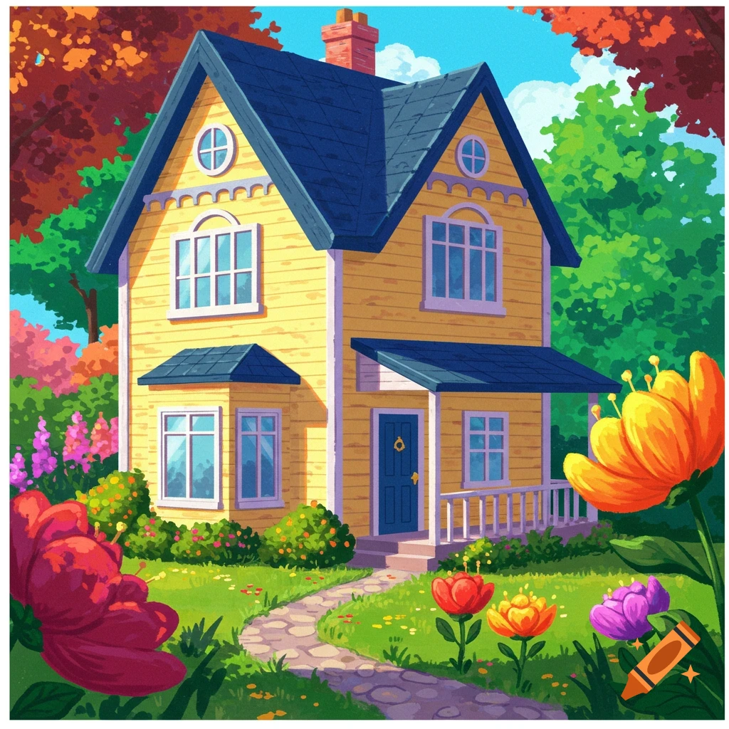 A colorful yellow house with a blue roof sits in a vibrant garden with a stone path and large flowers.