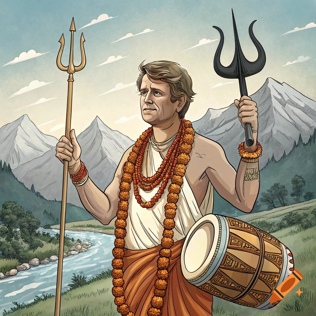 Illustration of RFK depicted as Shiva holding a trident and drum in a mountain landscape.
