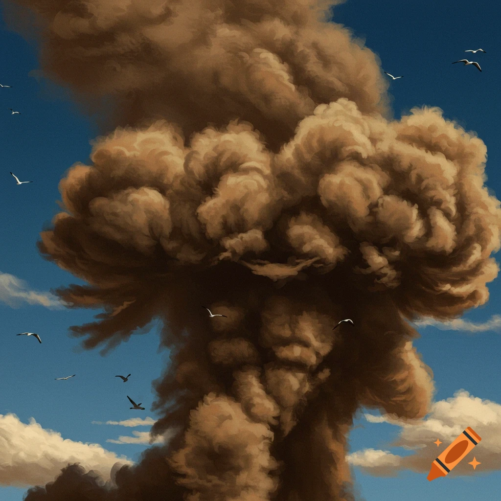 A large brown smoke cloud rises into a blue sky with birds flying around it.