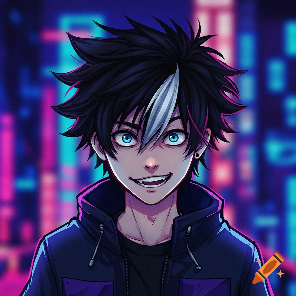 Anime portrait of a young man with spiky black and white hair and blue eyes smiling in a hoodie against a blurred city background.
