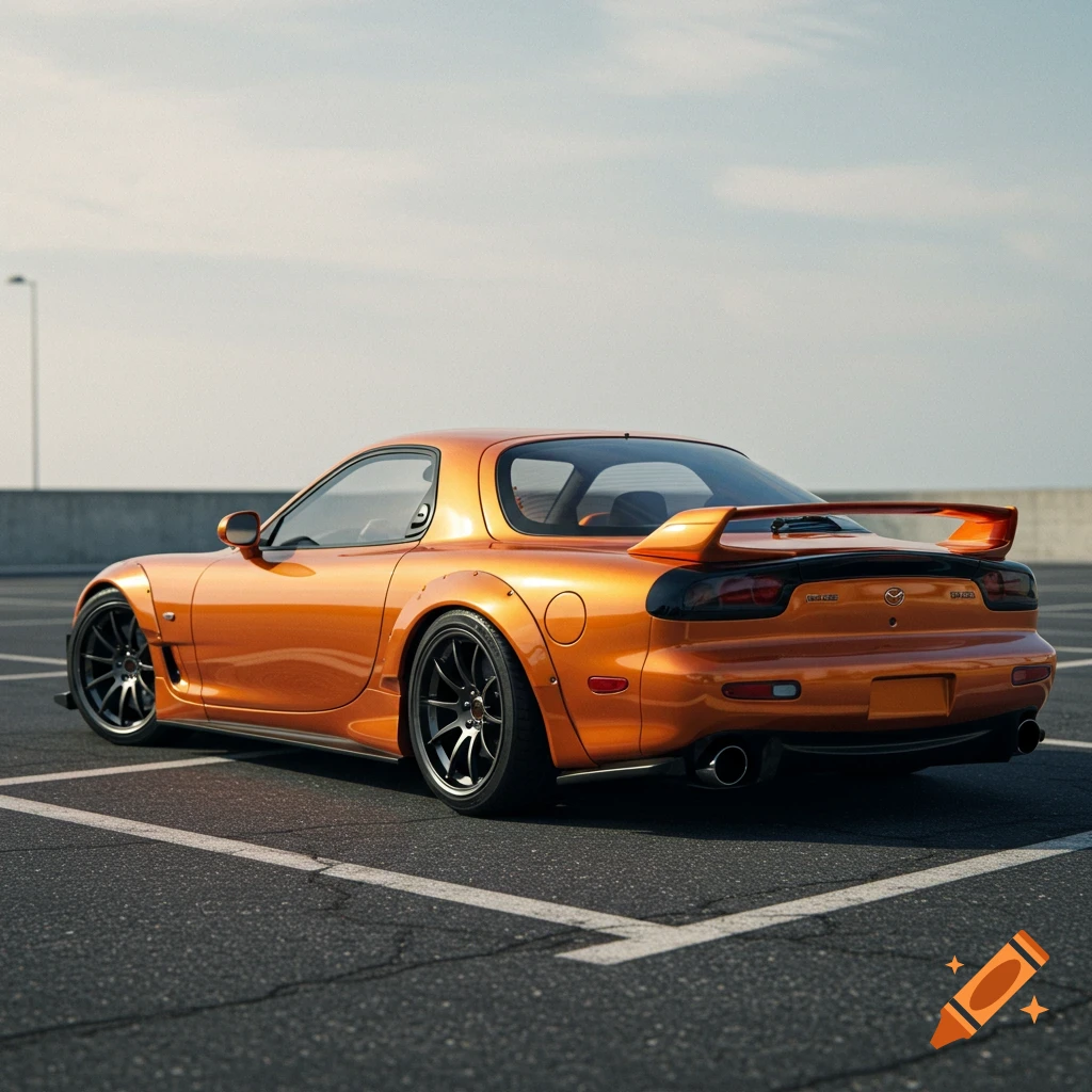 A metallic orange modified sports car parked in a lot.