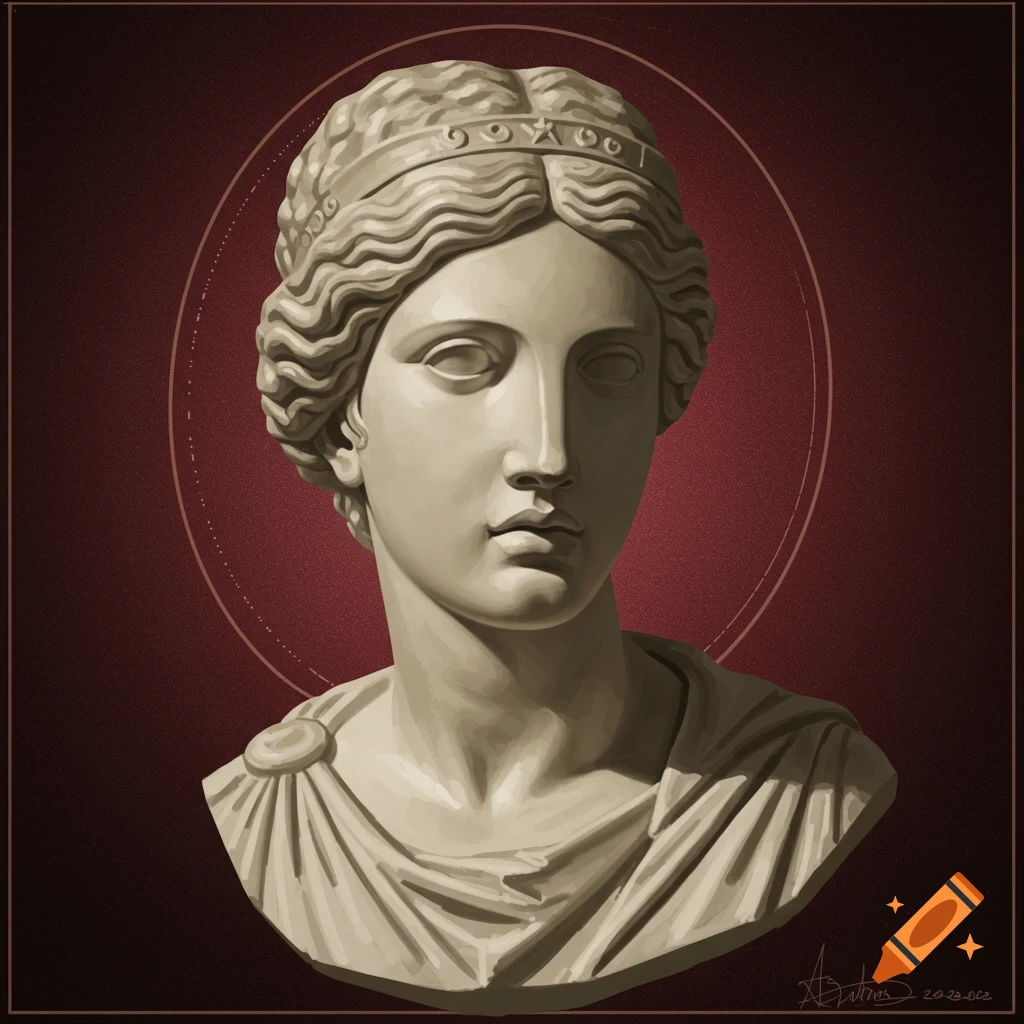 A classical-style female bust is depicted against a deep red background.