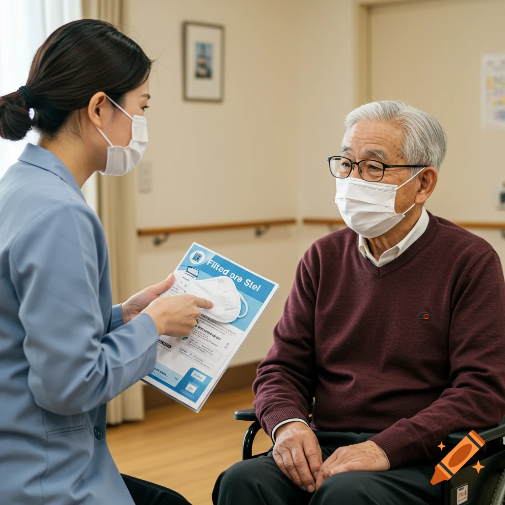 A healthcare worker shows an elderly man in a wheelchair a document about a filtered mask.