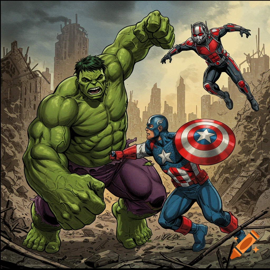 Hulk, Captain America, and Ant-Man fight in a destroyed city, in a comic book art style.