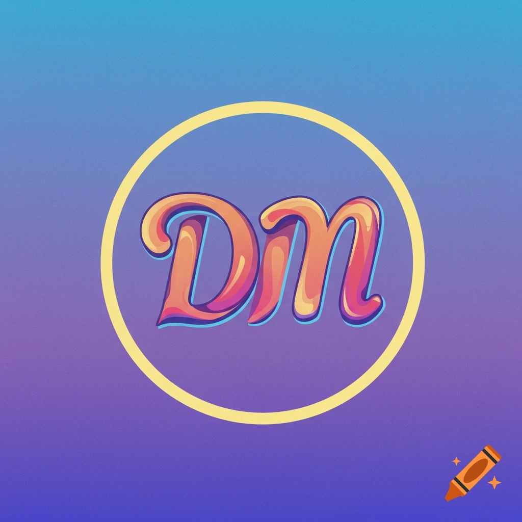 The letters Dm in a glossy font within a yellow circle on a blue and purple gradient background.