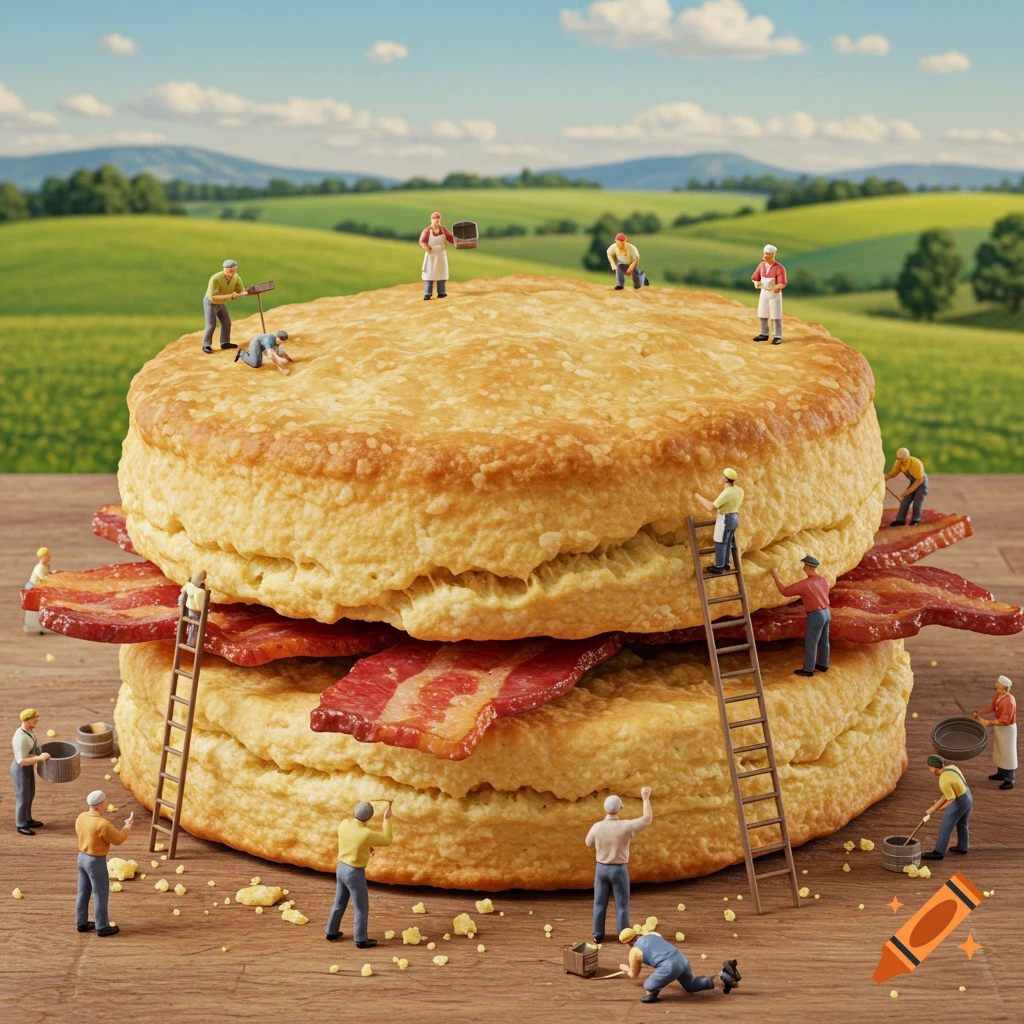 Tiny people construct a giant biscuit and bacon sandwich in a field in a photorealistic style.