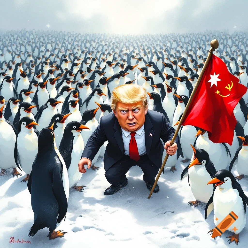 Donald Trump crouches among a large crowd of penguins, holding a red flag with a yellow symbol.