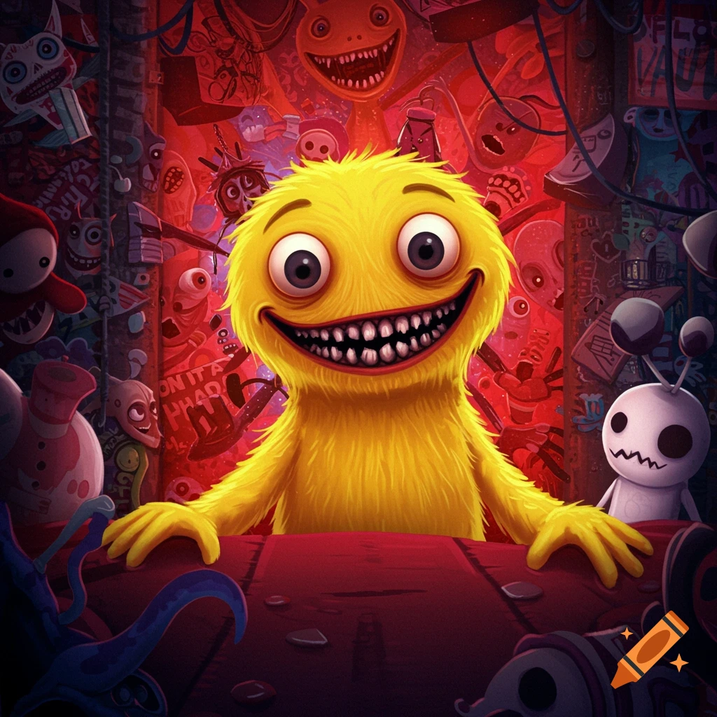 A bright yellow fuzzy monster with a wide smile sits in front of a chaotic red and purple background filled with other creatures. In a surreal style.