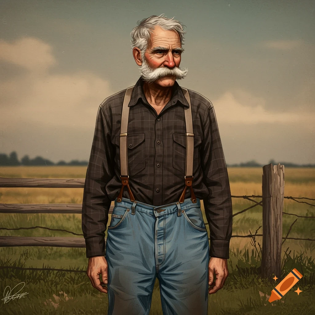 An old man with a bushy mustache and suspenders standing in a field.