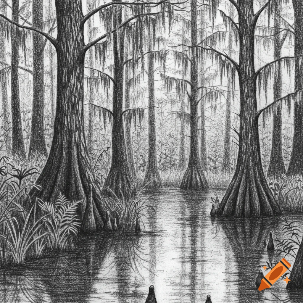 Pencil drawing of a swamp with cypress trees and water reflections