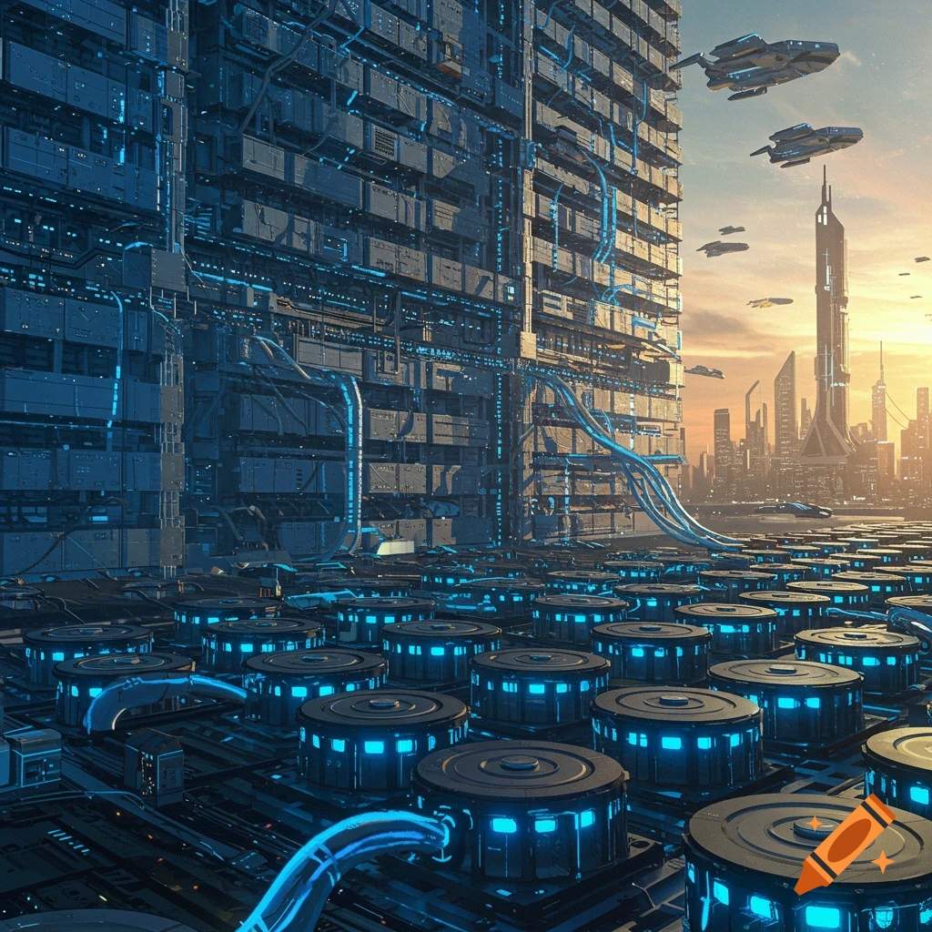 Futuristic cityscape with large buildings, battery storage units, and flying vehicles at sunset.