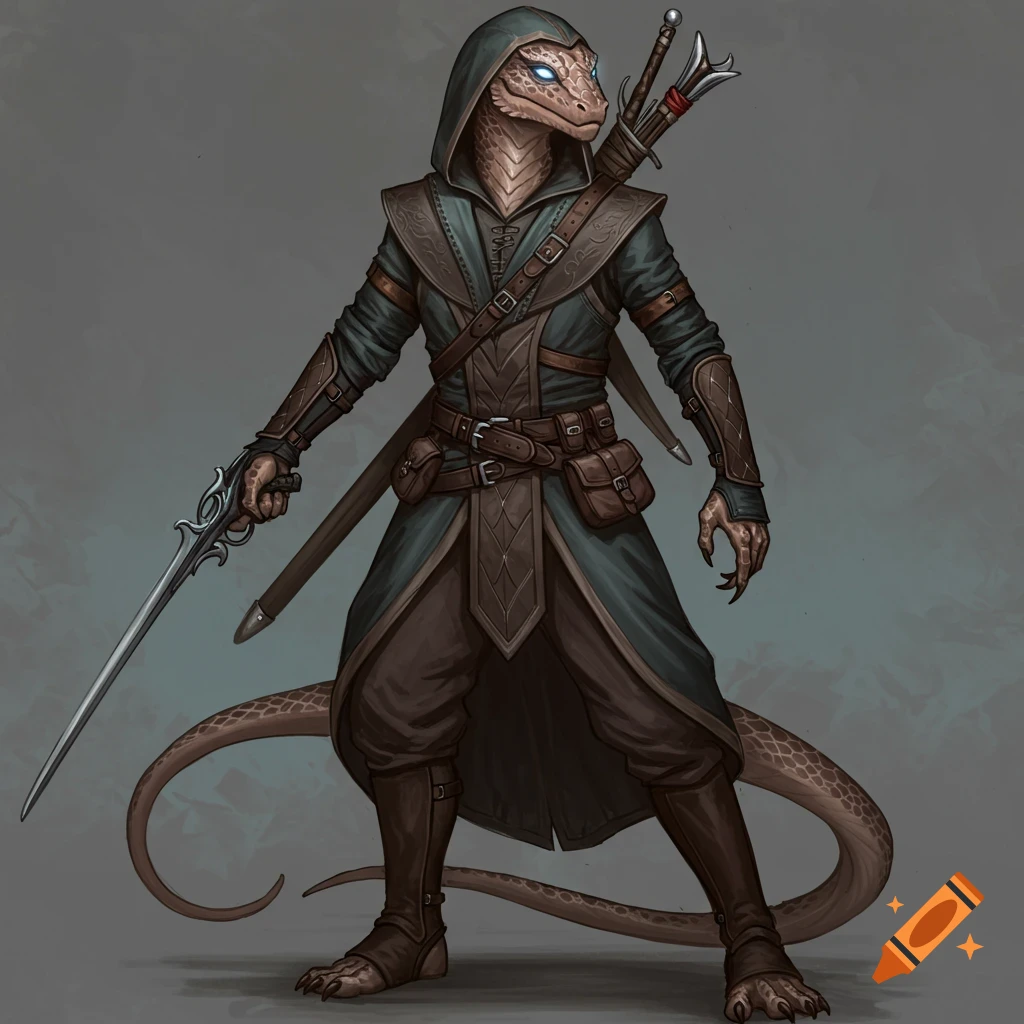 A hooded lizardfolk bounty hunter holding a sword and wearing armor.