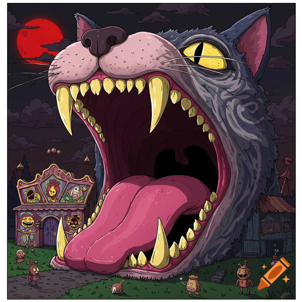 A giant cat's head shaped like a creepy funhouse entrance with sharp teeth and a large open mouth. Small figures walk around.