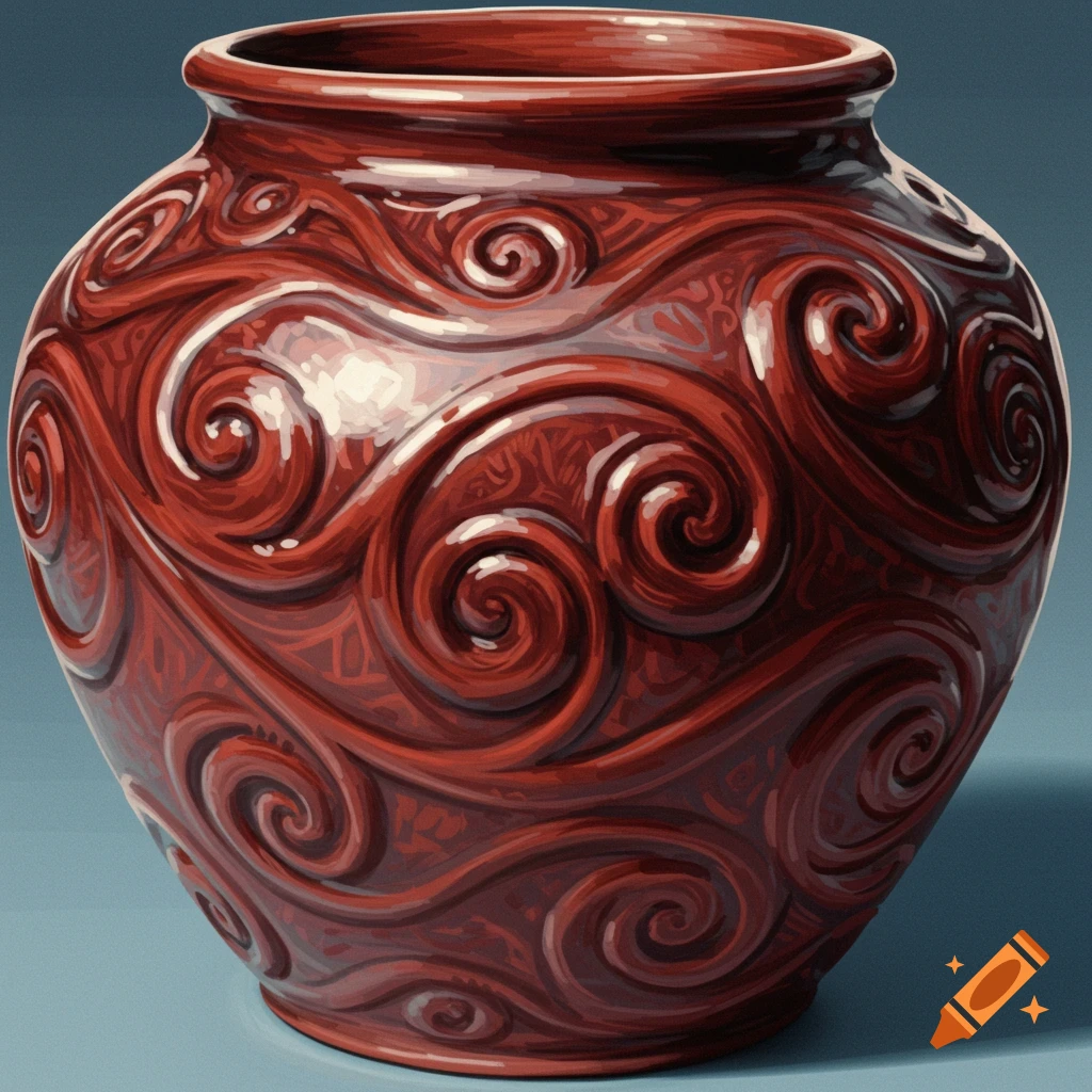 A red vase with swirl patterns.