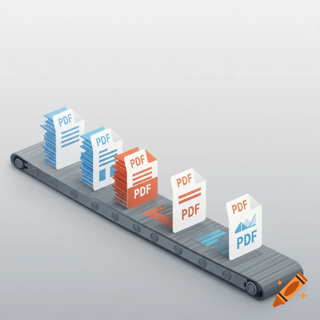 Digital illustration of PDF files moving along a conveyor belt.
