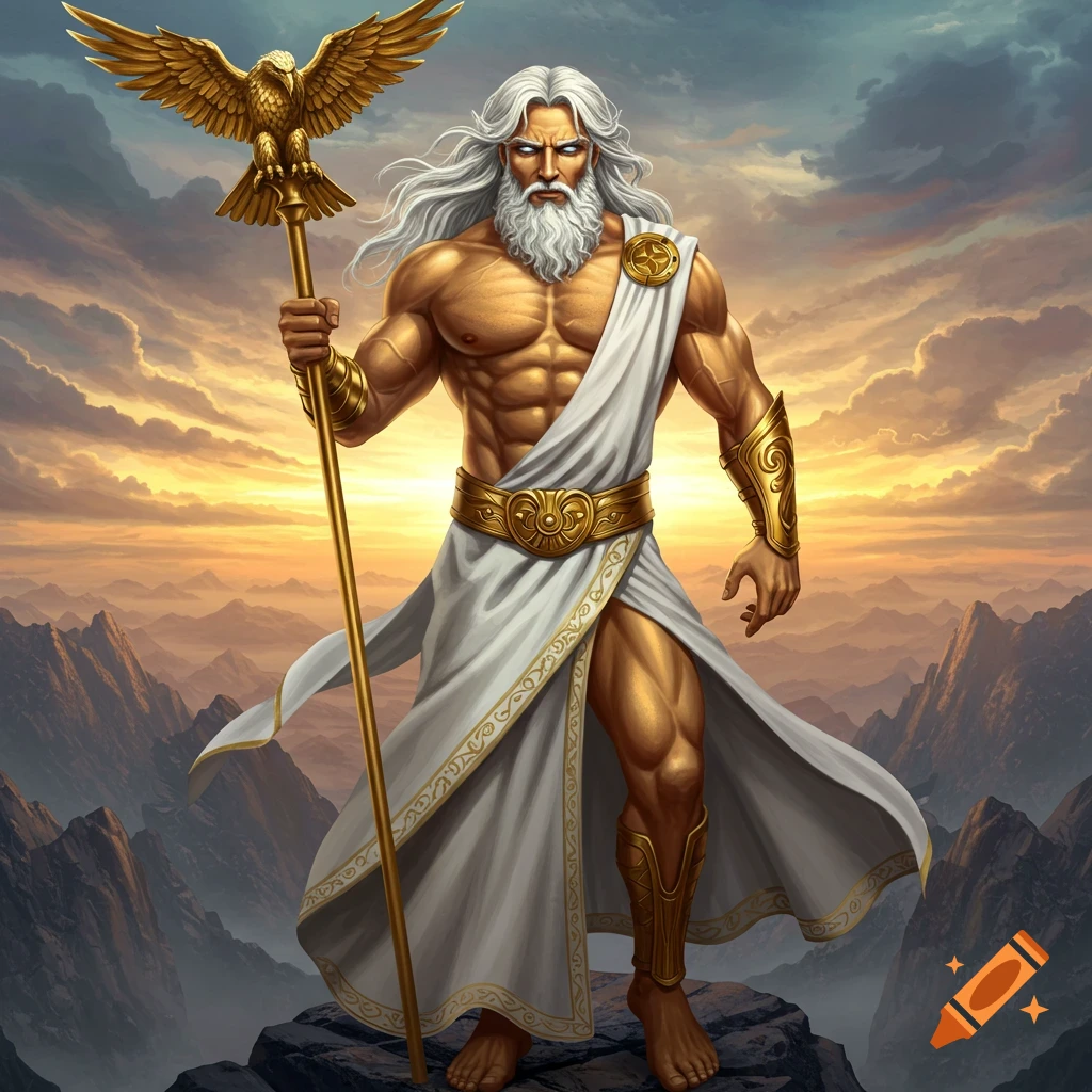 Powerful god with white hair and beard, holding a staff with an eagle, standing on a mountain at sunset in a fantasy illustration.