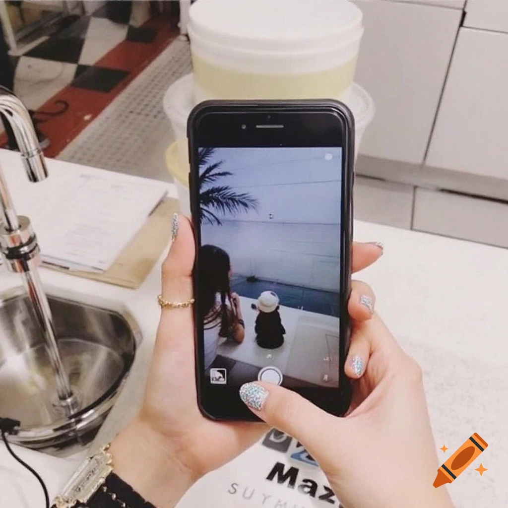 Close-up of hands holding a phone to photograph figures on a counter.