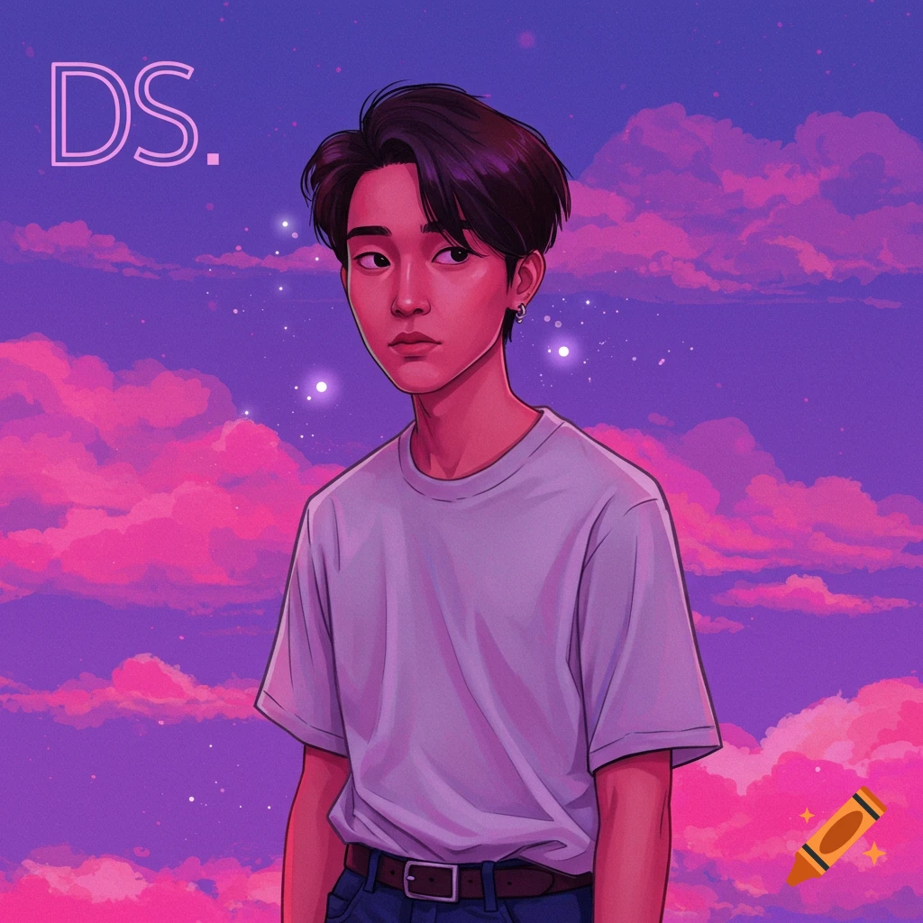 A young man is depicted against a pink and purple cloudy sky with stars and the text "DS."