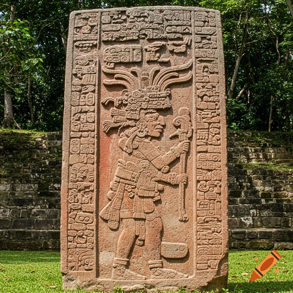 Mayan stela with carved figure and glyphs at an archaeological site
