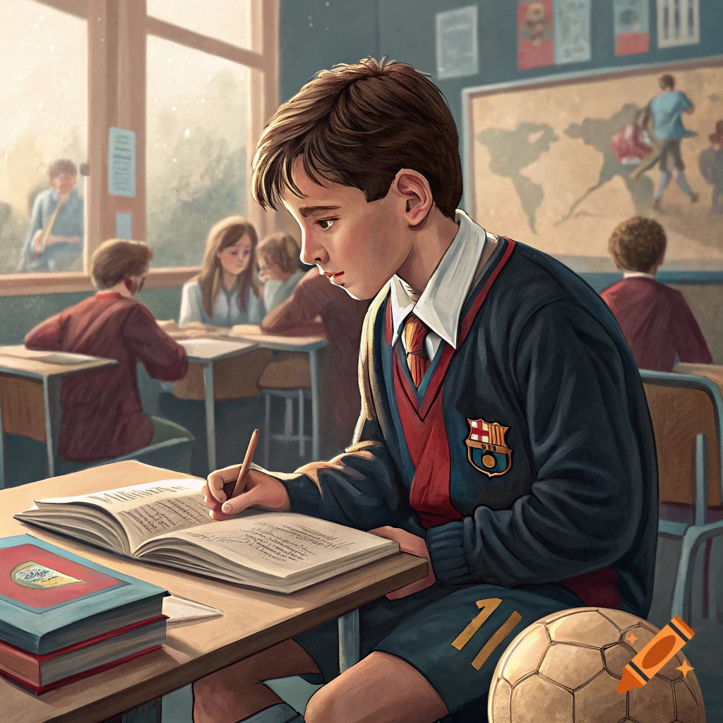 A young boy wearing a sports jersey writes in a book at a desk in a classroom with other students.