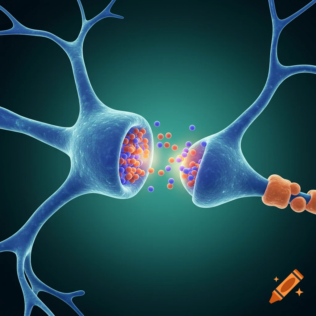3D illustration of synaptic transmission between two neurons