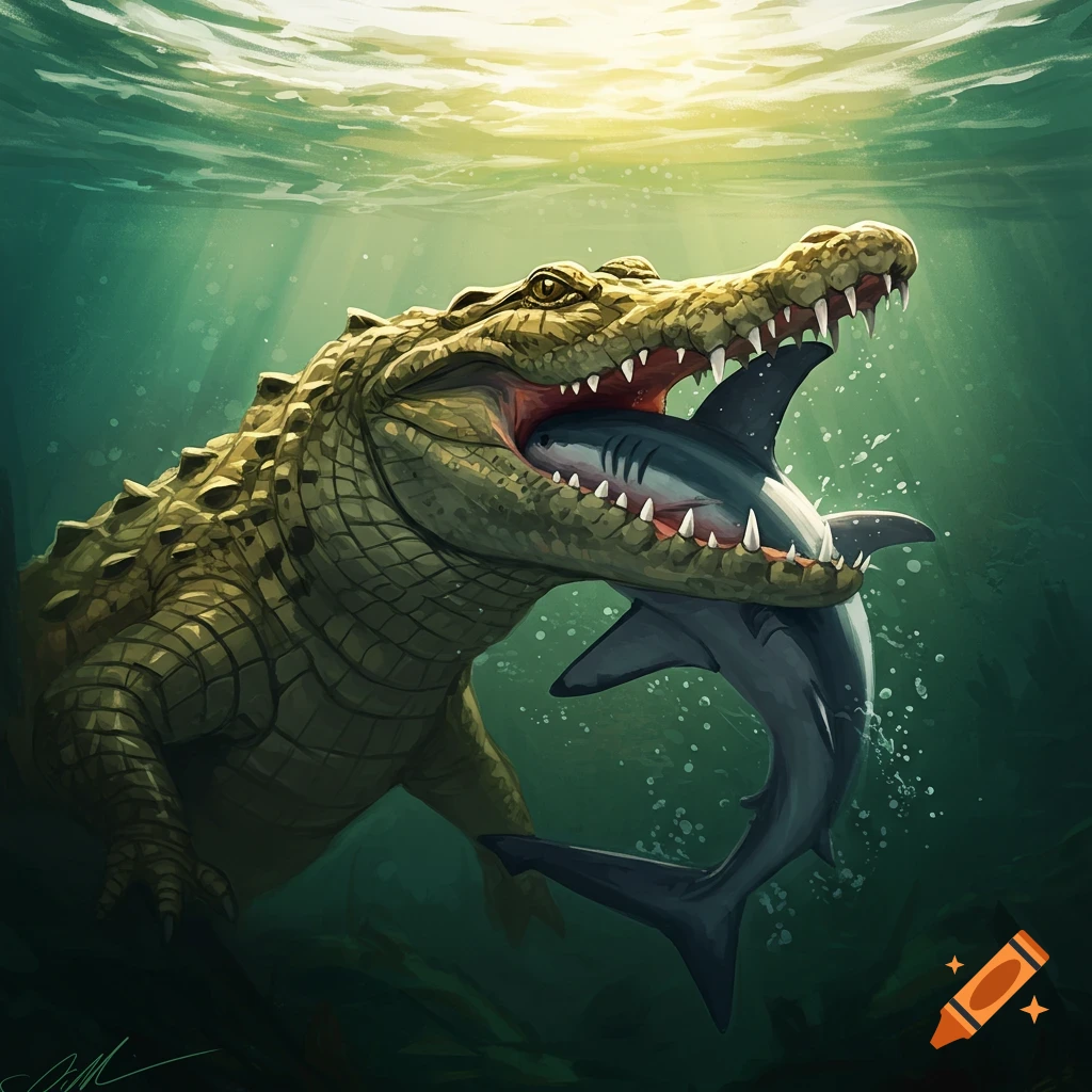 A large crocodile holds a shark in its mouth underwater.