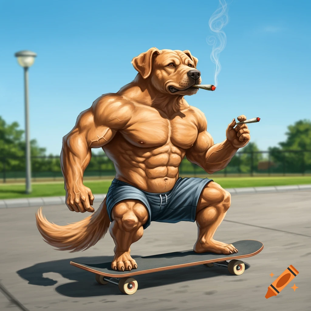 A muscled anthropomorphic dog smoking a joint while skateboarding.