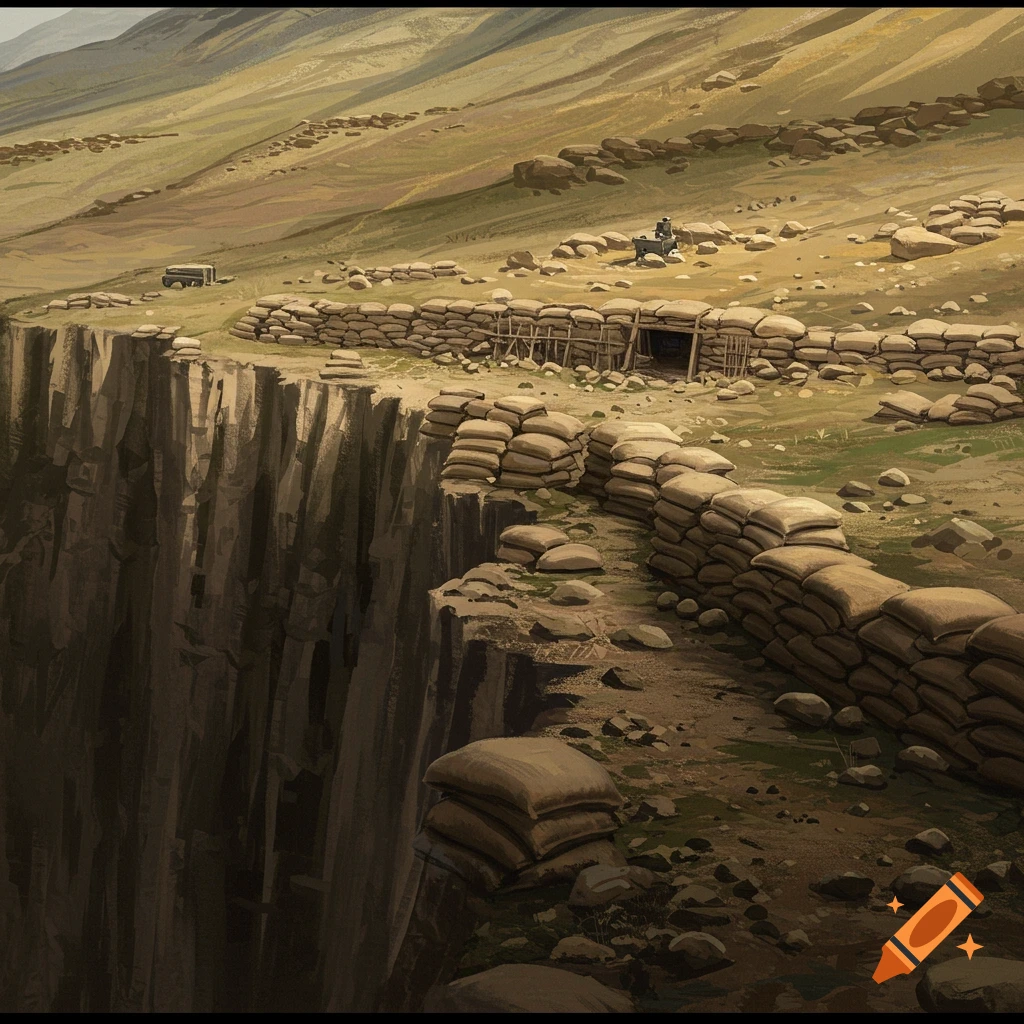 A hilly landscape with sandbag fortifications along a cliff edge.