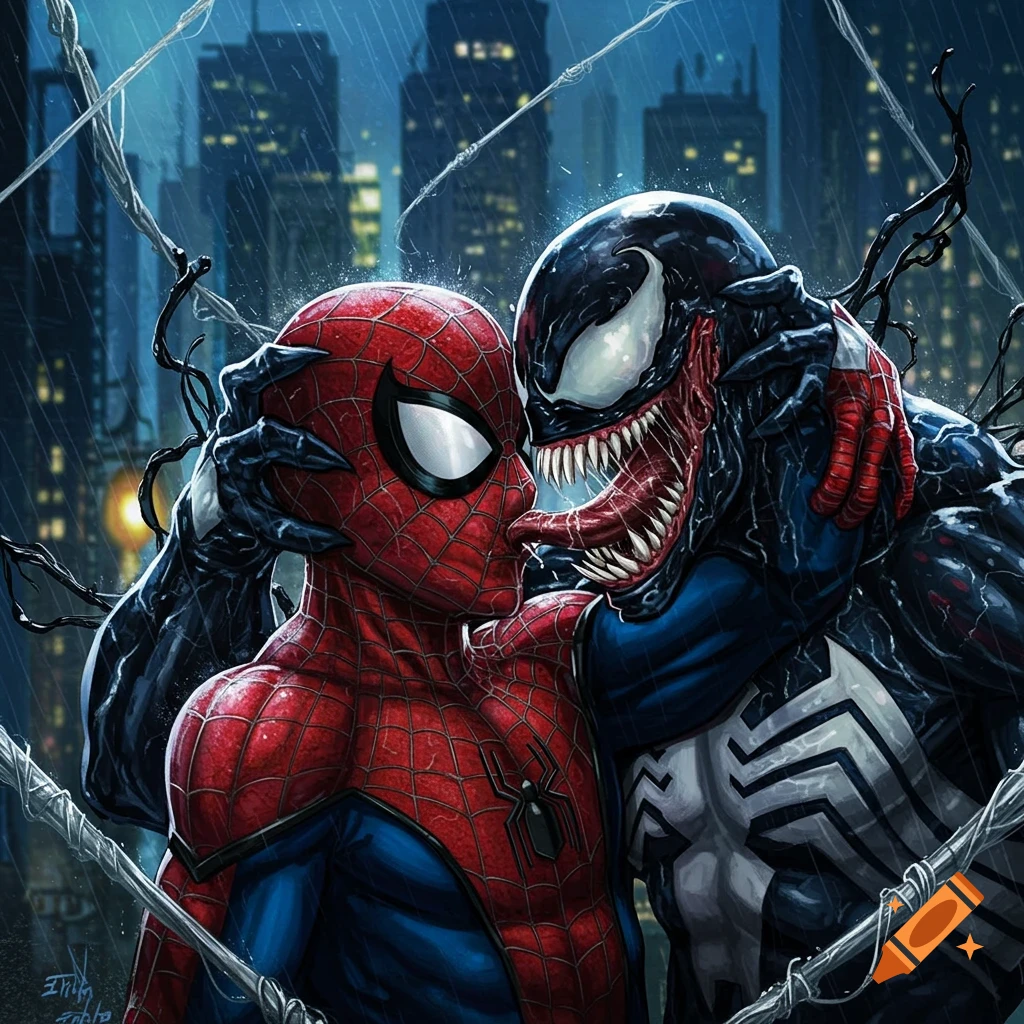 Spider-Man and Venom embracing in a rainy city.
