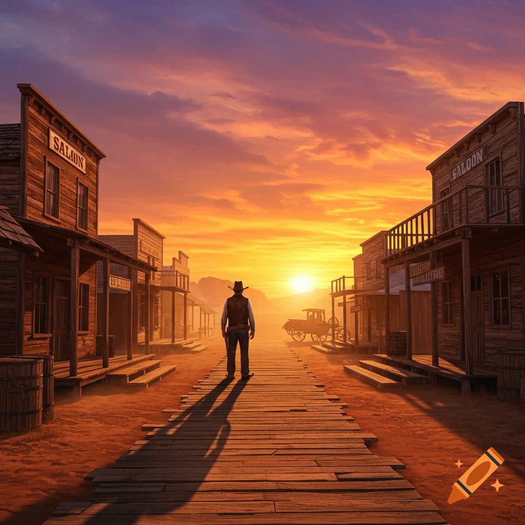 A cowboy stands on a boardwalk in a dusty western town facing a dramatic sunset.